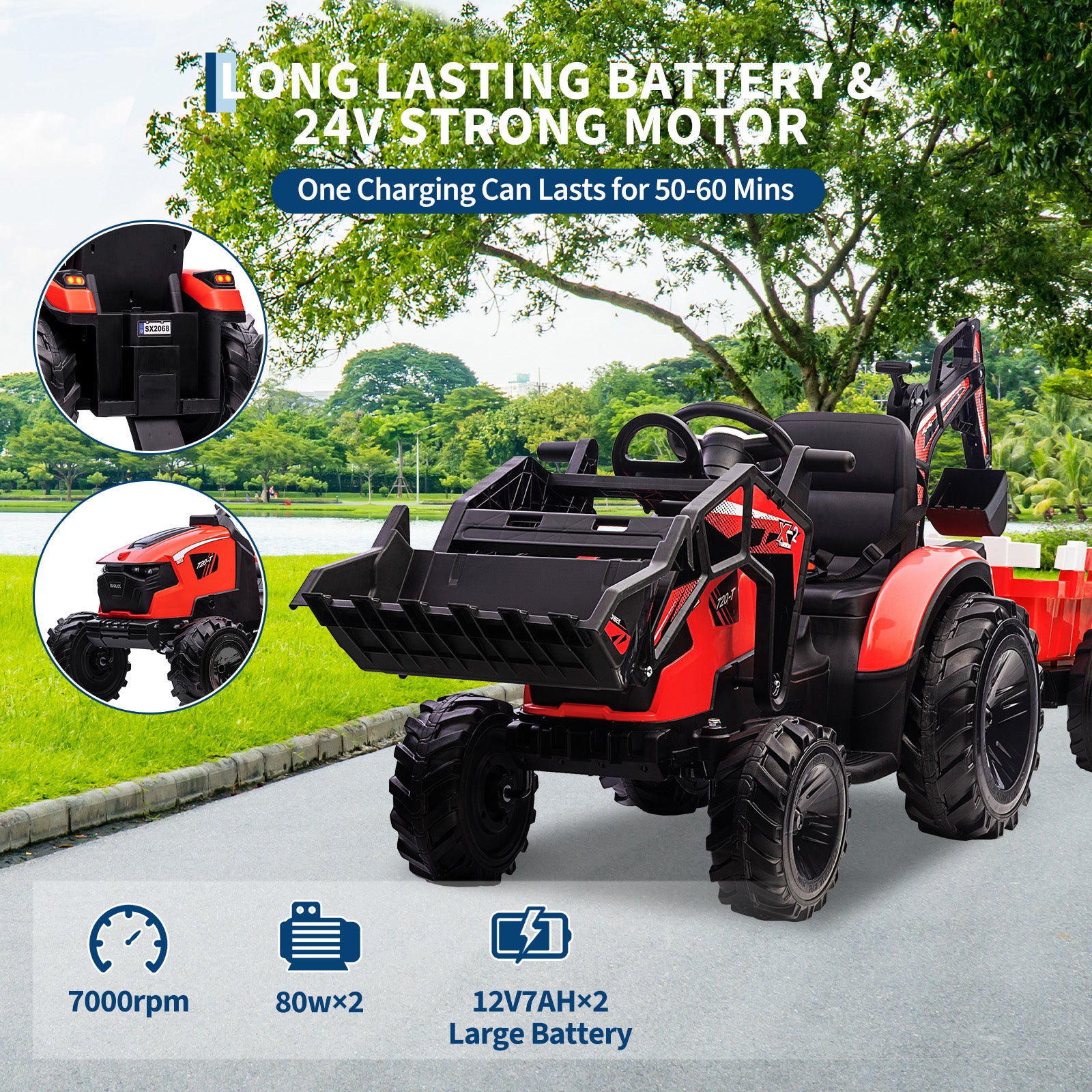 Garvee Ride P Series 3-in-1 Ride-On Tractor, 24V Electric, Excavator & Bulldozer, Remote Control, LED, Music, USB/Bluetooth max 66 lbs - Bright-red