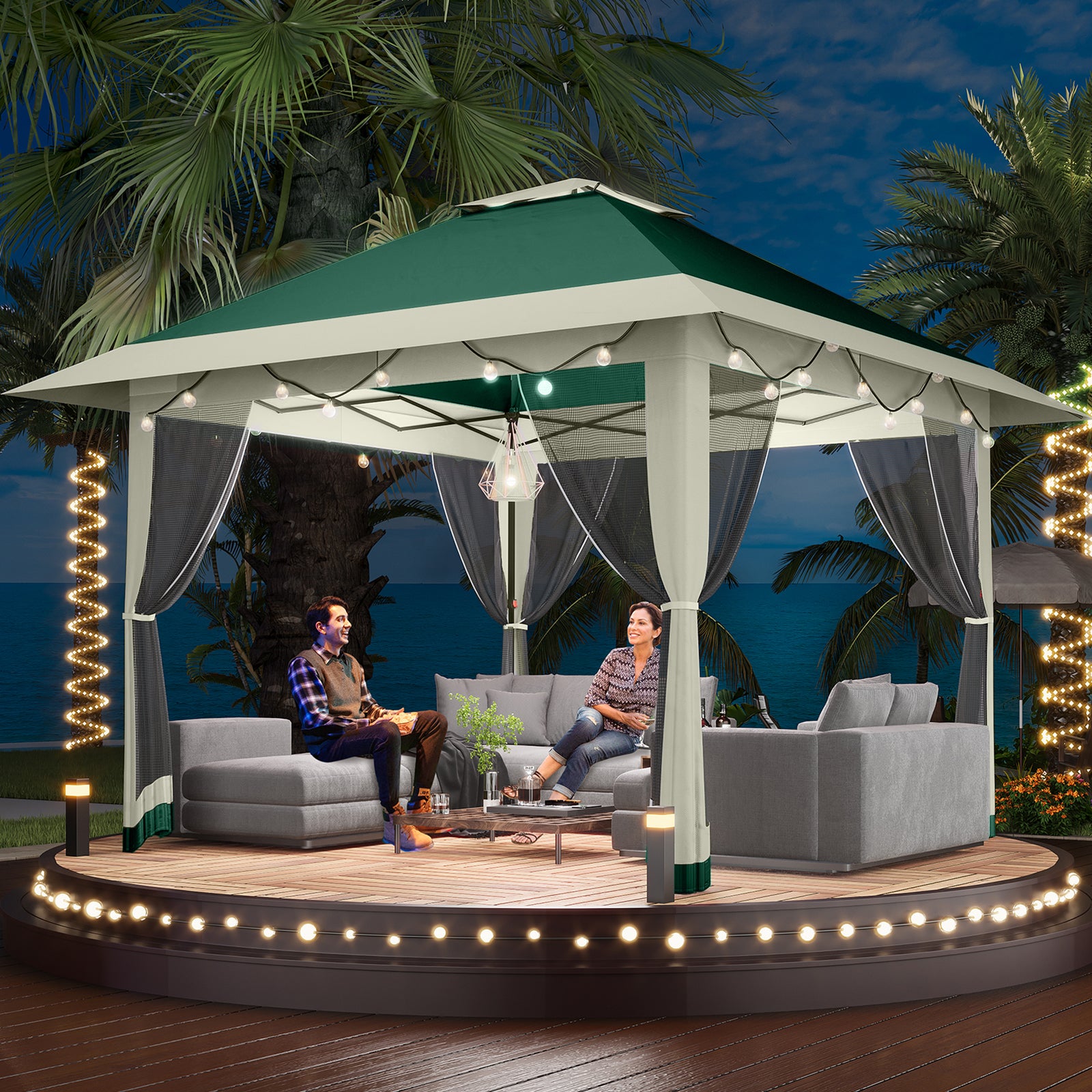 Garvee 13'x13' Pop Up Tent Outdoor Canopy Shelter with Mosquito Netting 4 Stanbags Instant Gazebo Tent for Lawn, Garden, Backyard Deck (Olive Green + Taupe)