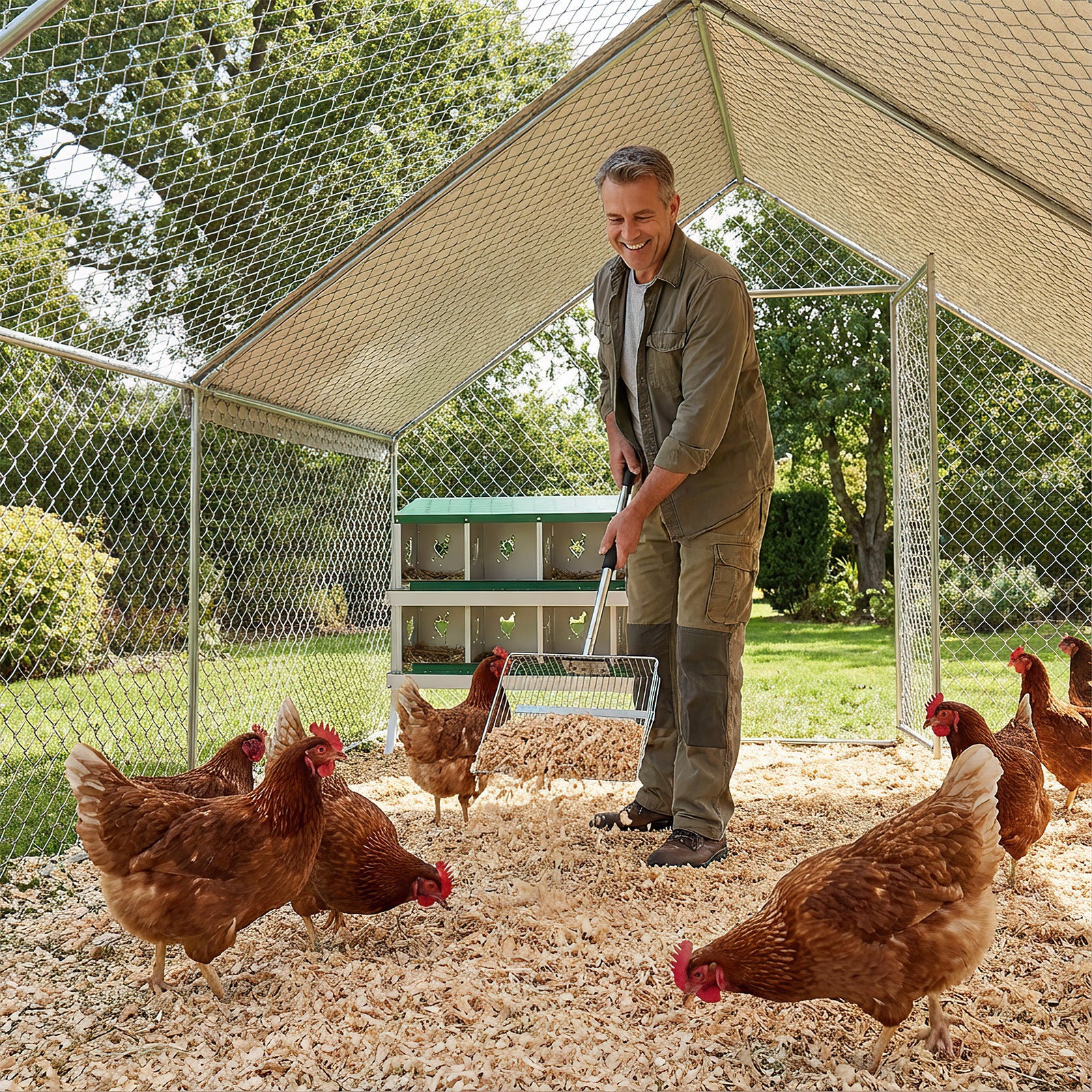 Garvee Professional Farm Chicken Coop System: Extra-Large Walk-In Poultry Run, Roll-Away Nesting Box, Climbing Gym, Cleaning spatula & High-Capacity Feeder - Comfort for 9+ Hens
