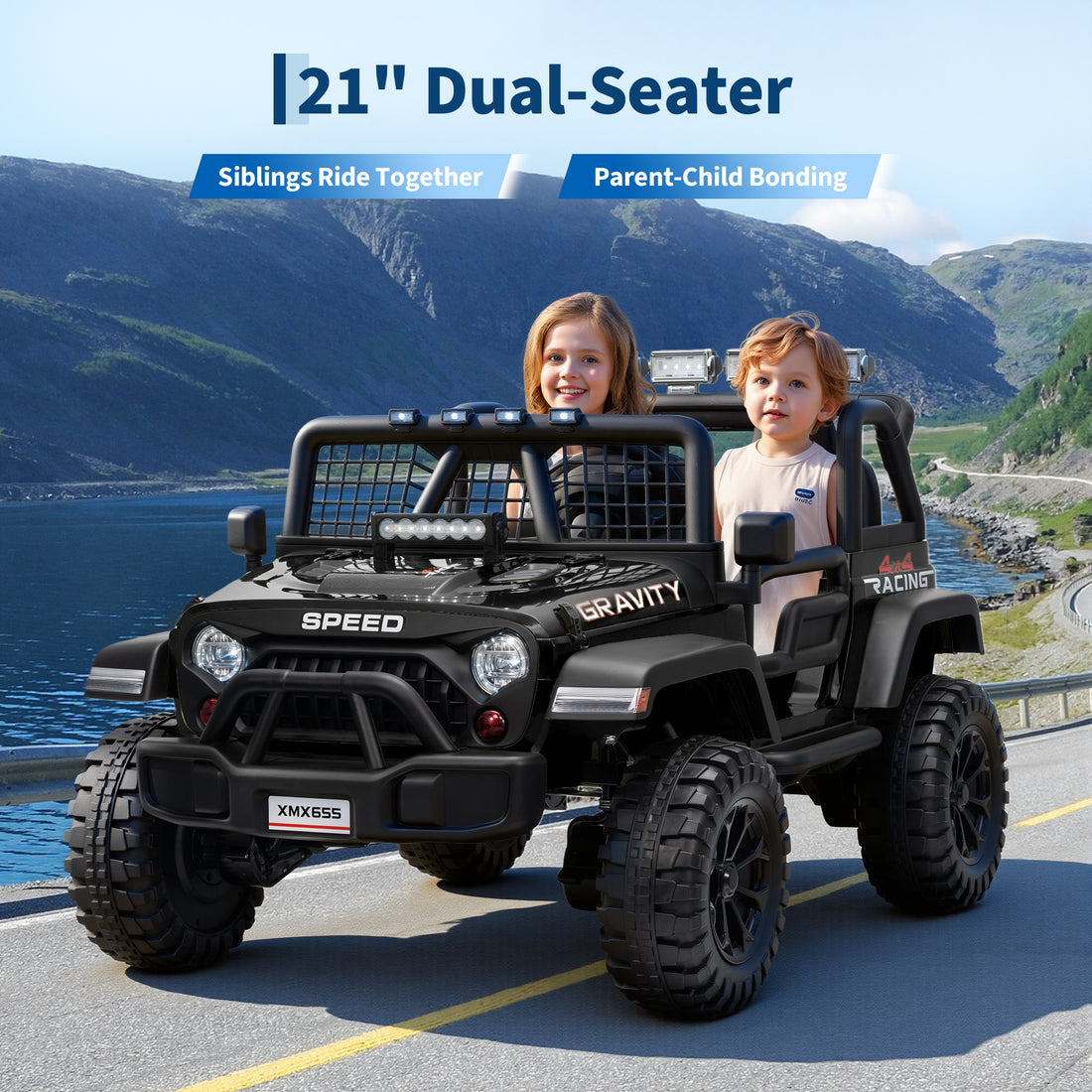 Garvee Ride - P Series: 2 Seater Ride On Car for Kids, 24V Electric Truck with Parent Remote Control, Spring Suspension, 2 Speeds, LED Headlight & Music Player, Kids Electric Vehicle for Aged 3-8 Years