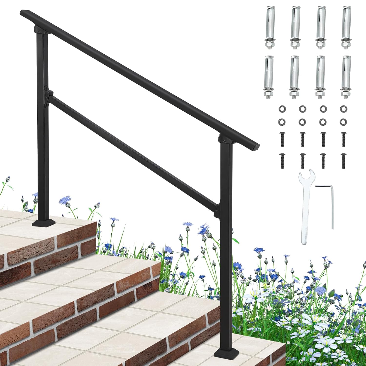 Garvee 4 Step Hand Rails for Outdoor Steps, Aluminum Alloy Railing, Exterior Hand Railing for Steps, Porch Railing Kit, Outdoor Handrails for Exterior Steps, Stair Railing for Concrete - 4 Steps