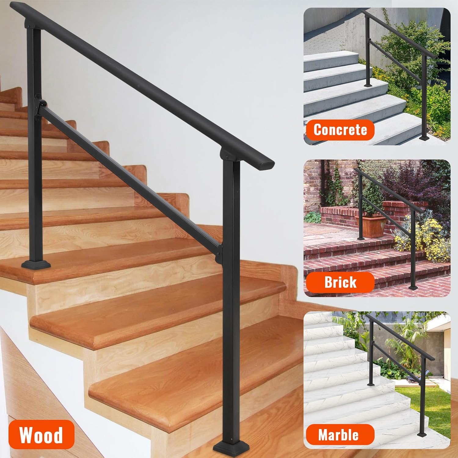 Garvee 4 Step Hand Rails for Outdoor Steps, Aluminum Alloy Railing, Exterior Hand Railing for Steps, Porch Railing Kit, Outdoor Handrails for Exterior Steps, Stair Railing for Concrete - 4 Steps