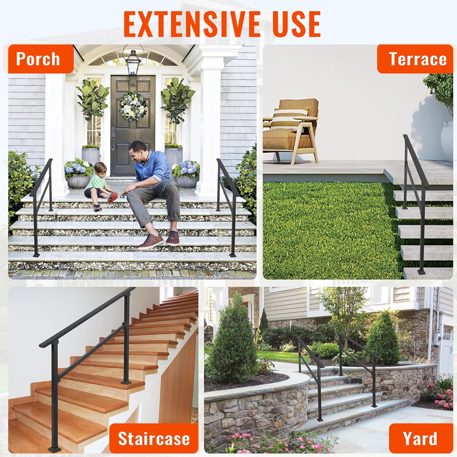 Garvee 4 Step Hand Rails for Outdoor Steps, Aluminum Alloy Railing, Exterior Hand Railing for Steps, Porch Railing Kit, Outdoor Handrails for Exterior Steps, Stair Railing for Concrete - 4 Steps