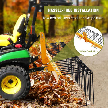 Garvee 60" Pine Straw Rake Updated Version - 8mm Tines, Steel Tow Behind for Cat 0 Cat 1 Tractors - Ideal for Leaves & Grass, Yellow