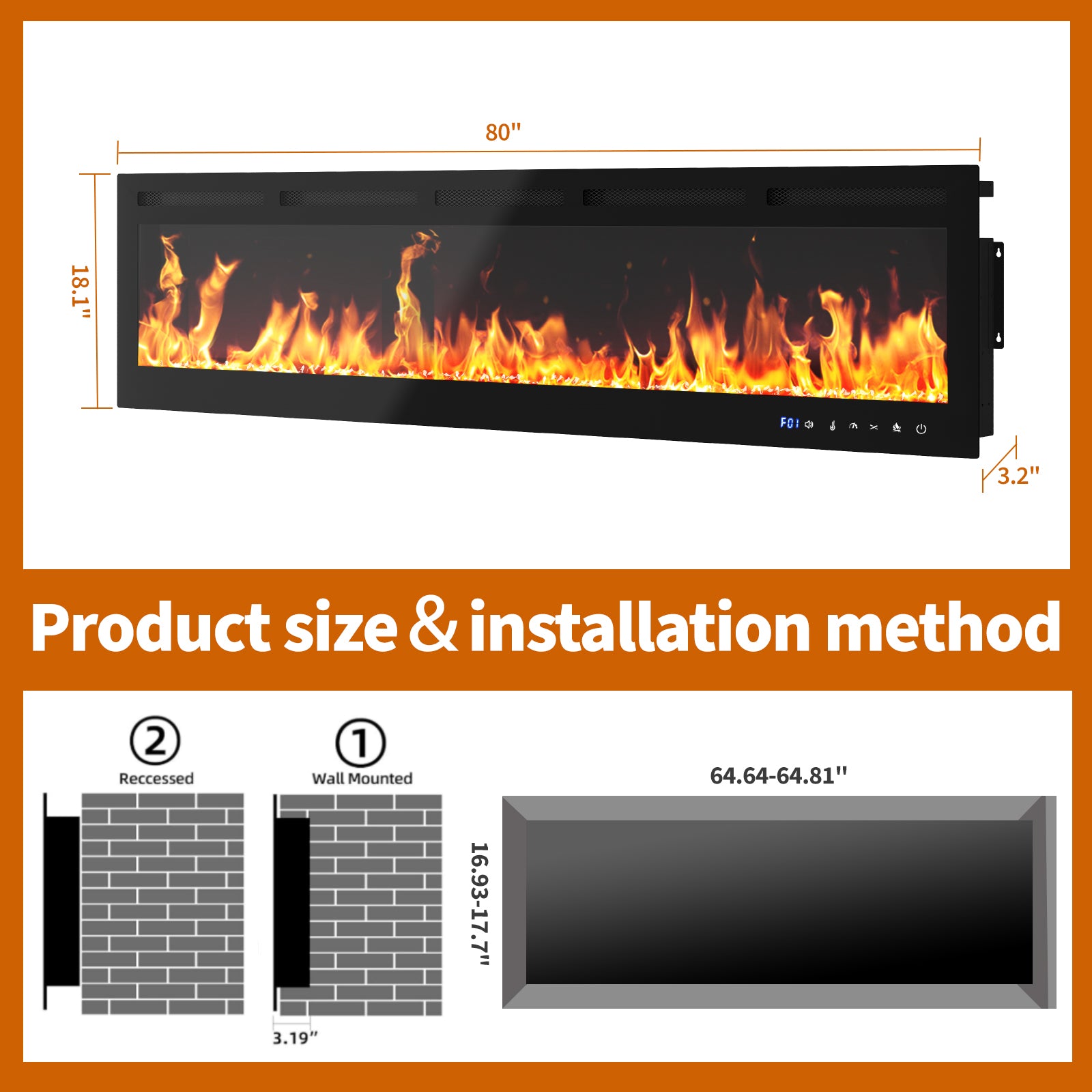 Garvee 80 Inch Electric Fireplace Wall Heater with 12 Flame Effects, Remote & Touch Control, Tempered Glass, Dual Heat Modes, WiFi Enabled, Bedroom & Living Room