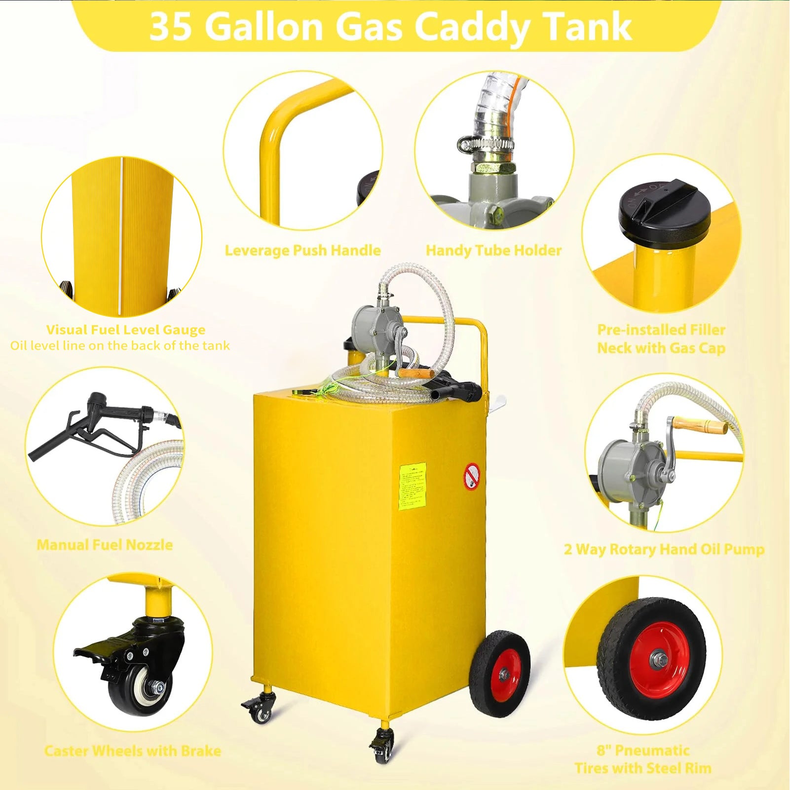 Garvee 35 Gal Fuel Caddy with Manual Pump, Heavy Duty Gasoline & Diesel Transfer Tank, Portable Spill-Proof Fuel Container for Boat, Truck, Lawn Mower, ATV, Garage & Farm, Yellow