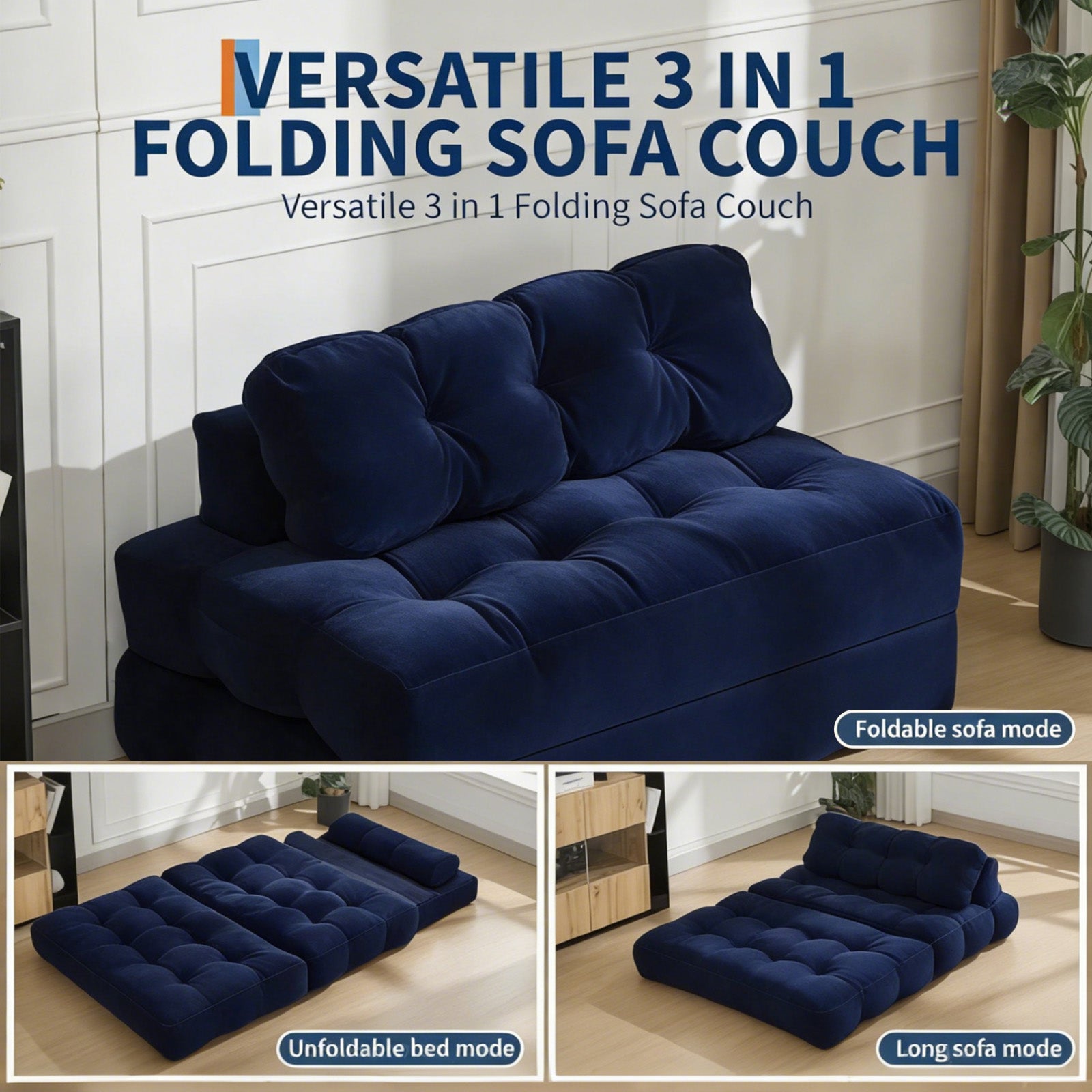 Garvee Folding Sofa Bed, 3-in-1 Convertible Sleeper Chair with Pillow, Double Futon Couch Bed with Back Support, Portable Fold Out Chair Bed Comfy Floor Sofa Lounge for Living Room Bedroom, Navy Blue