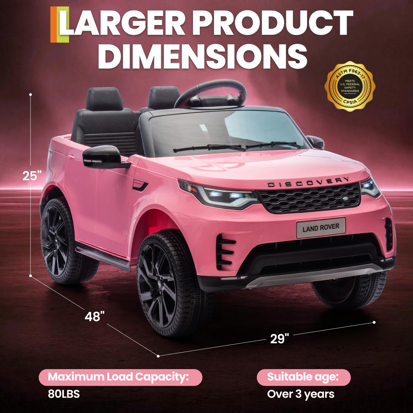 Garvee Ride P Series 12V Kids Ride On Car Land Rover Style Dual Motors 3 Speed Modes 4.5Ah Battery Safety Seatbelt Remote Control Black Outdoor Play - Pink