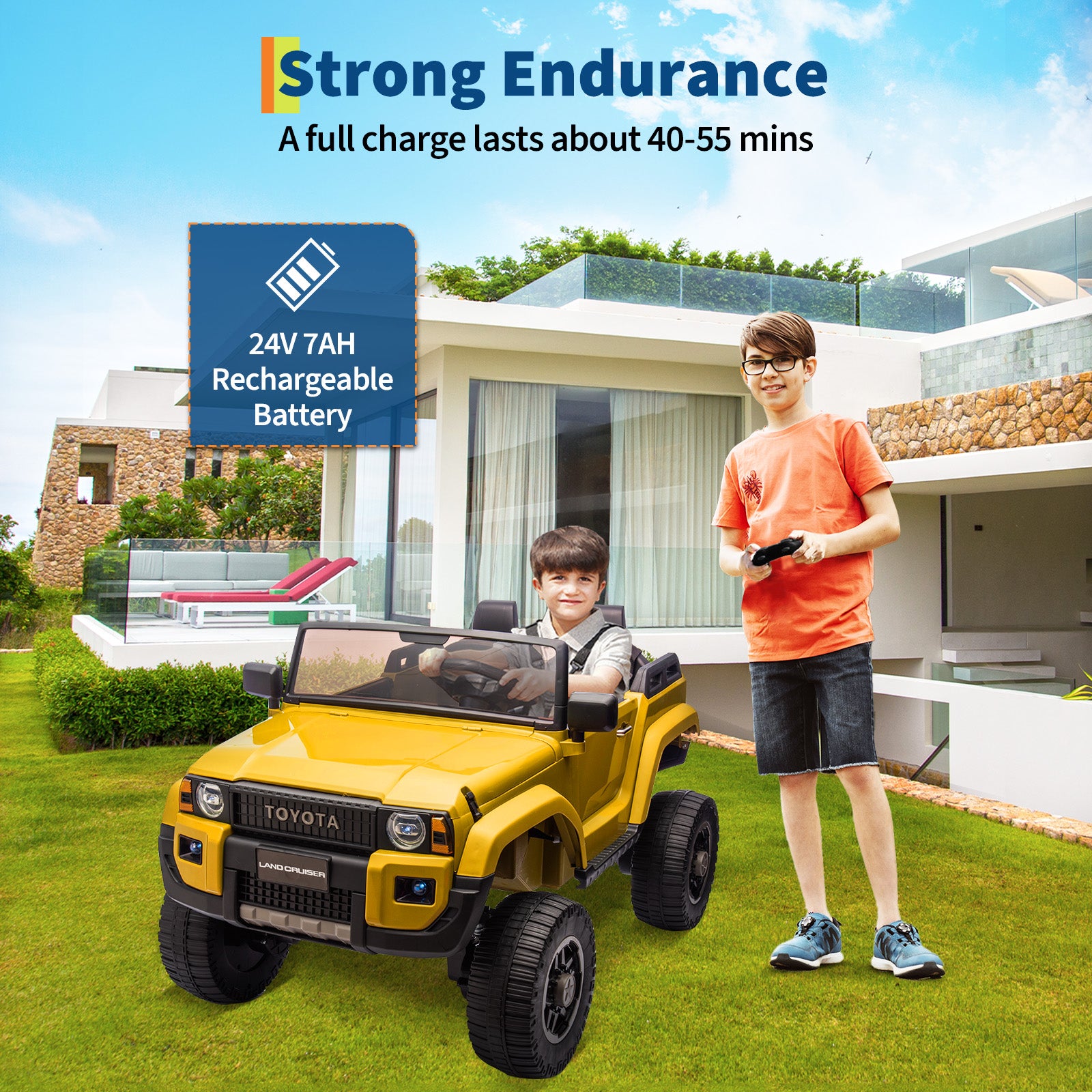 Garvee Ride P Series 24V Kids Electric Ride-On Car w/Parent Remote Control, 4WD/2WD Switch, Bluetooth Music, LED Lights & Shovel – 2-Seater Off-Road Toy for Over 3 Years, ASTM/CPSIA Certified