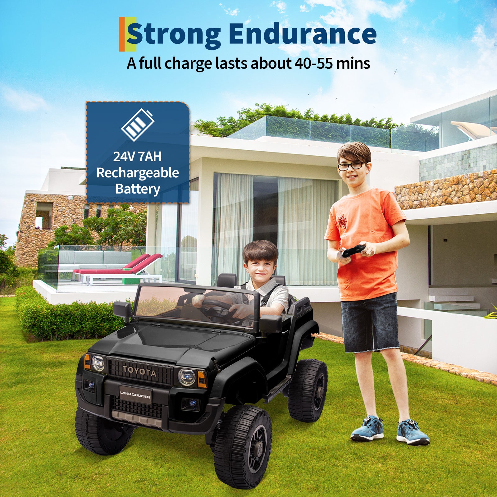 Garvee Ride P Series 24V Kids Electric Ride-On Car w/Parent Remote Control, 4WD/2WD Switch, Bluetooth Music, LED Lights & Shovel – 2-Seater Off-Road Toy for Over 3 Years, ASTM/CPSIA Certified