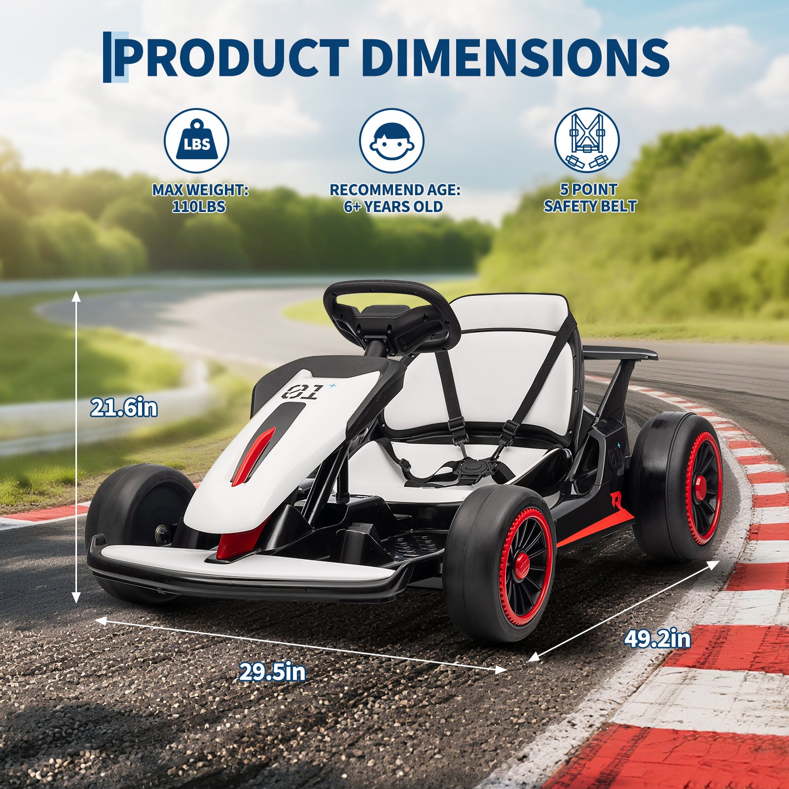 Garvee Ride - G Series: 6+,24V Drift Kart with 2X150W Strong Motor, 7AH Big Battery, Electric Pedals, Electric Go Kart Outdoor Race Toy - White