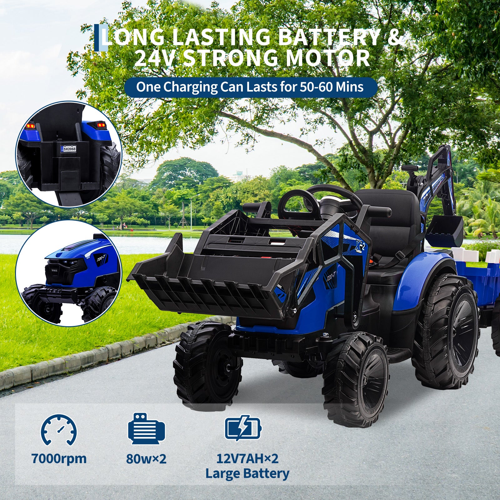 Garvee Ride P Series 3-in-1 Ride-On Tractor, 24V Electric, Excavator & Bulldozer, Remote Control, LED, Music, USB/Bluetooth max 66 lbs - Bright-blue