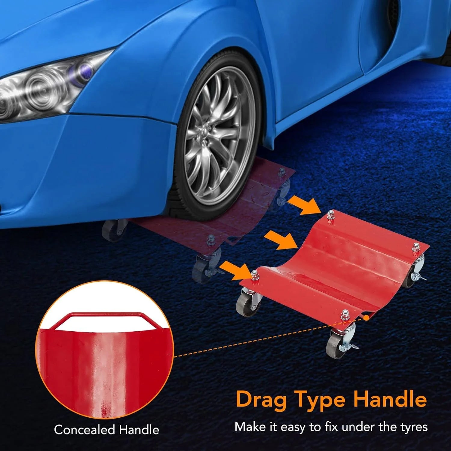 Red wheel dolly being positioned beneath a tire using its concealed carrying handle