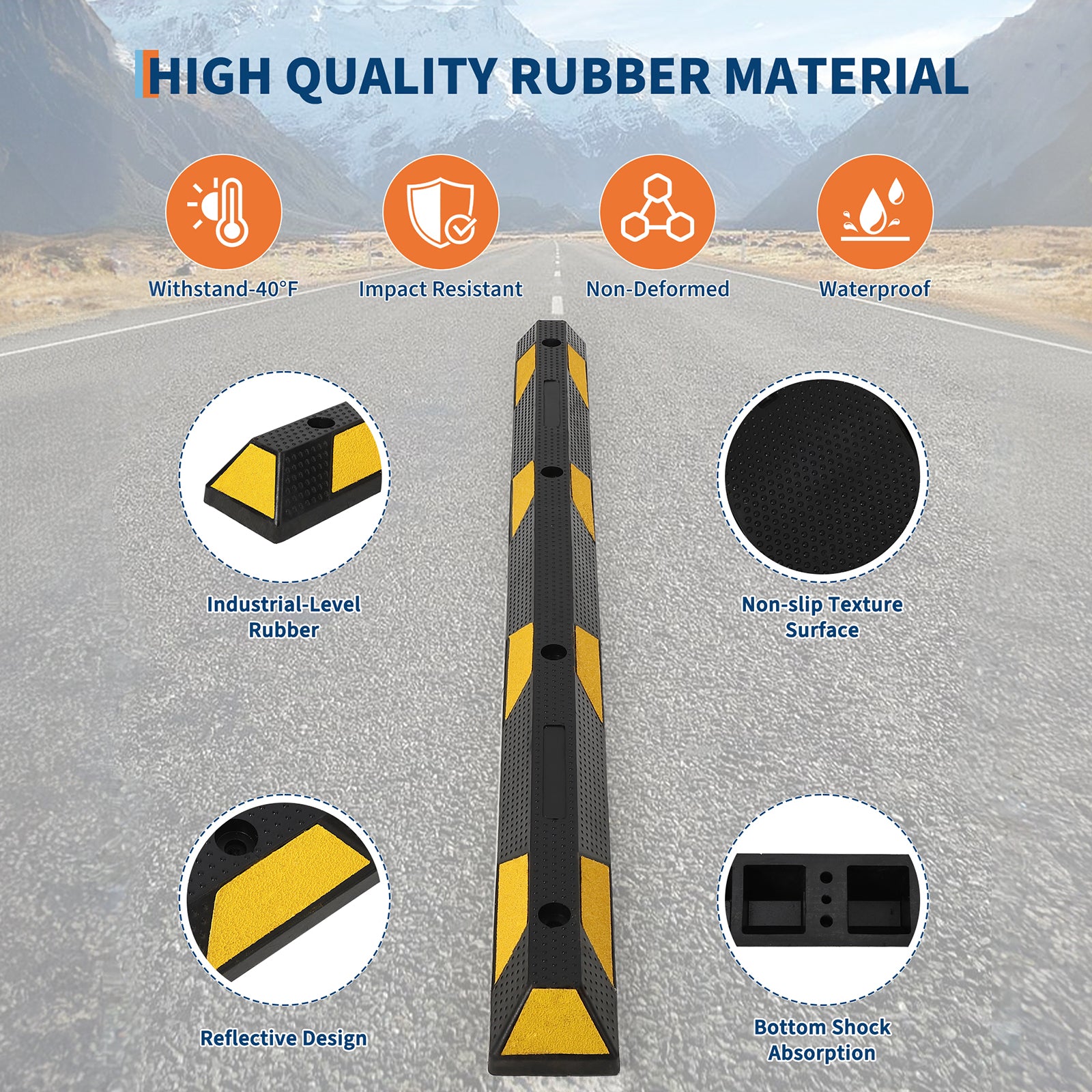 Garvee 72 Inch Heavy Duty Rubber Parking Curb with Yellow & Black Reflective Strips, Non-Slip Surface, Pre-Drilled Holes, Durable Wheel Stopper for Garage Driveways & Parking Lots