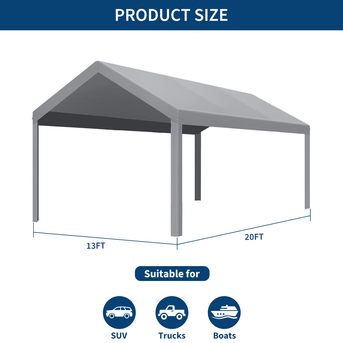 Garvee 13'x20' 200G Heavy-Duty Carport Replacement Cover Waterproof UV Protected for Garage Outdoor Shelter Grey (Frame Not Included)