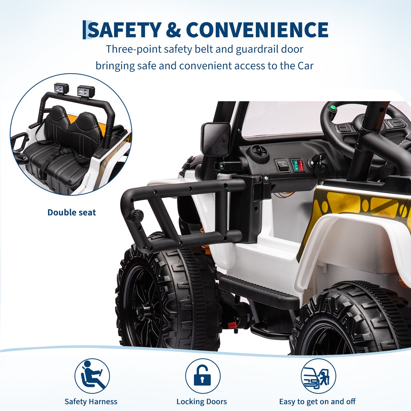 Garvee Ride - P Series: 24V 2 Seater Ride On Truck Car For Kid age 3 - 8 years, w/Remote Control, 4-Wheeler Suspension, 4x55W Powerful Engine, 4WD Battery Powered, LED Lights, Soft Braking - Black and White Mix