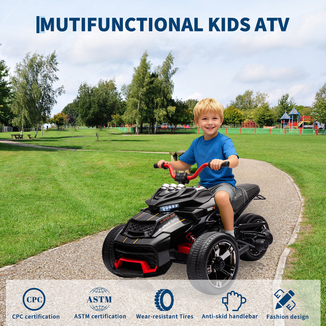 Garvee 12V Kids Ride On Toy 2x55W Engine 7AH Battery 3-7 km/h Speed 3-Wheeler Electric Vehicle with LED Lights Music USB Ideal for Outdoor Fun and Safe Play - Black