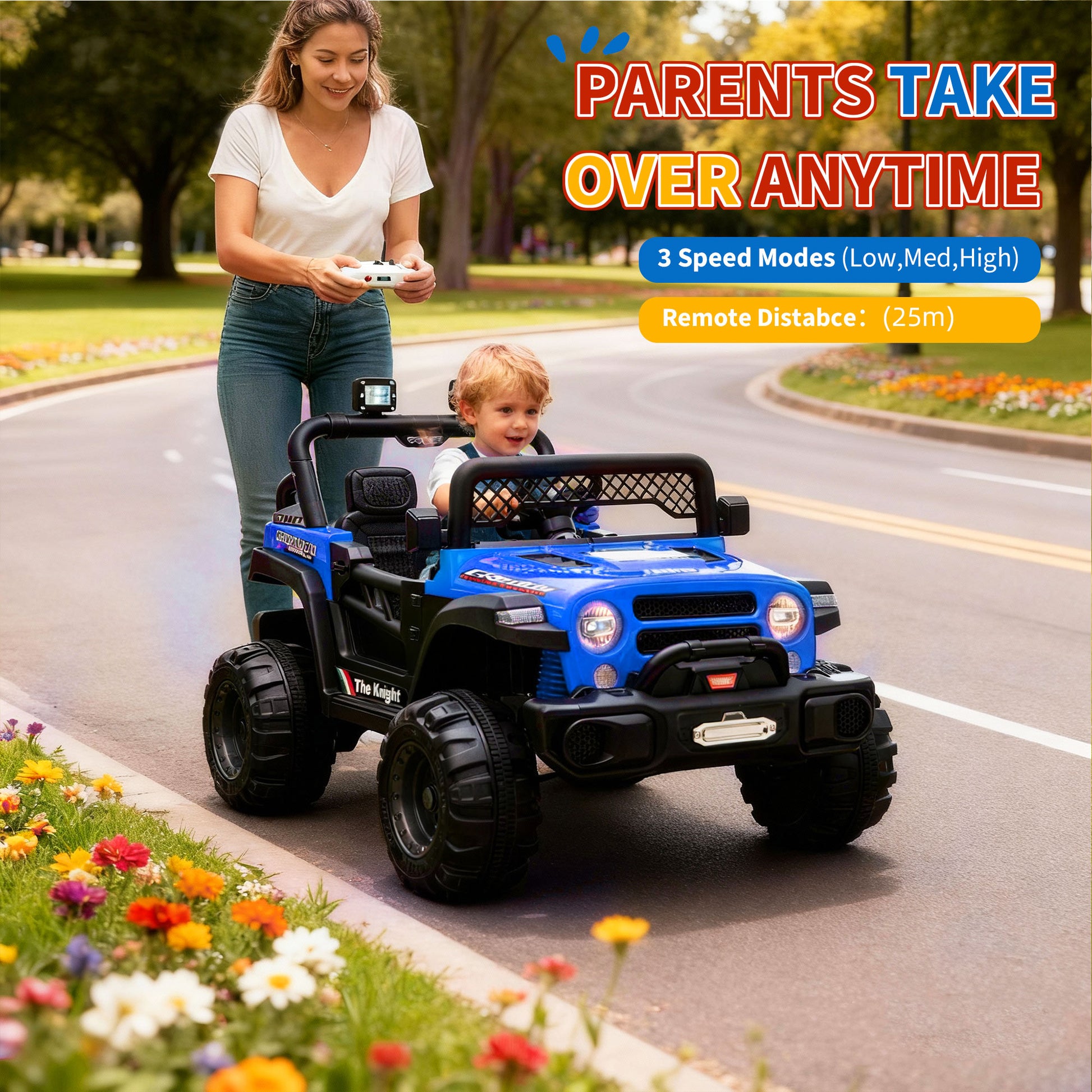 Garvee 12V Kids Electric Ride-On Truck – Dual Motors, 3 Speeds, Remote Control, Spring Suspension, LED Lights, Music, Safety Belt, Storage – Battery Powered Off-Road Toy Vehicle for Boys & Girls Ages 2-8, Blue