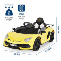 Garvee Ride P Series 12V Electric Ride-On Car for Kids | Licensed Lamborghini Battery-Powered Sports Car with Remote Control, 2 Speeds, Sound System, LED Headlights, Hydraulic Doors - Yellow