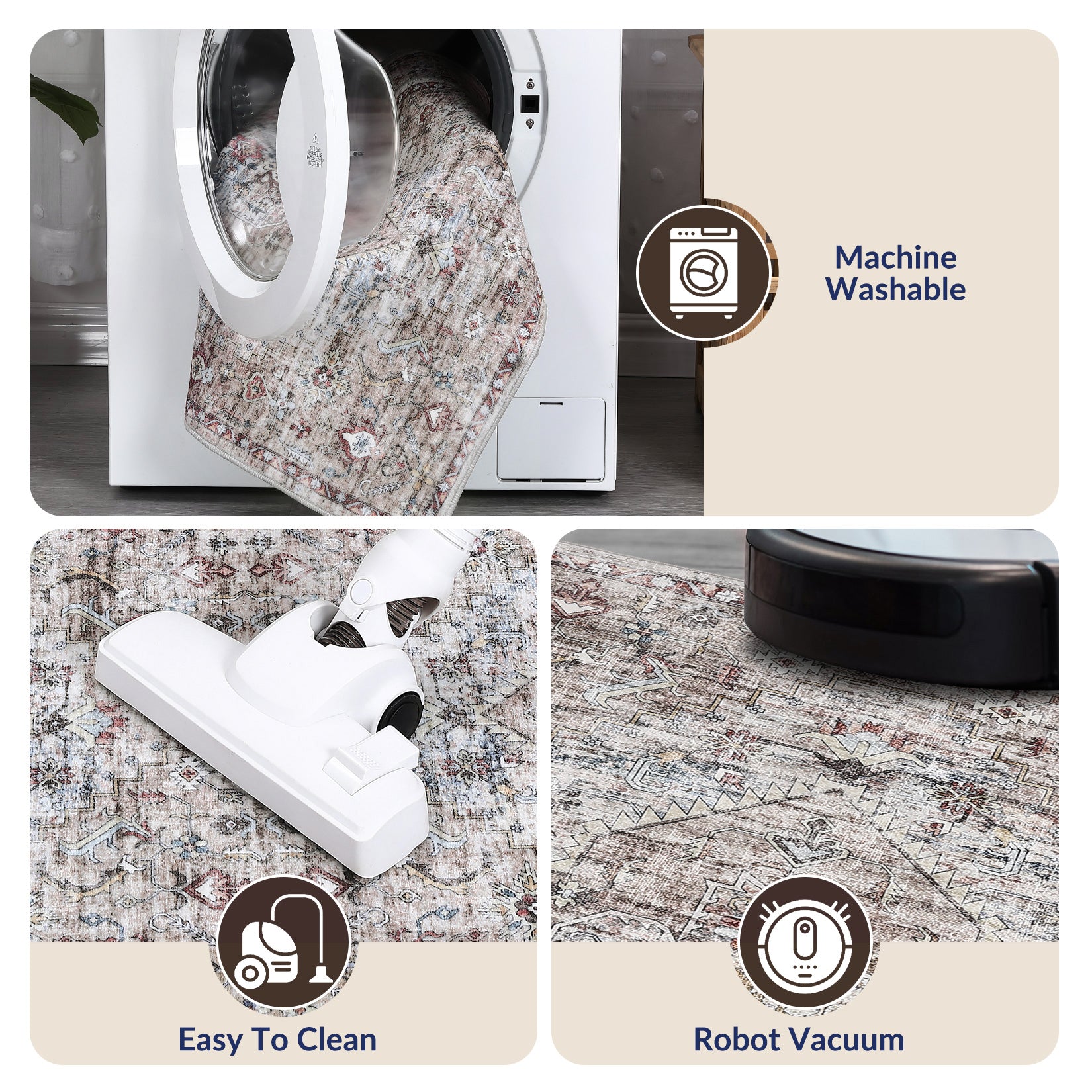 Garvee Modern Vintage Brown 9x12 Washable Rug, Non Slip Oriental Distressed Low Pile Carpet for Living Room, Office, Bedroom