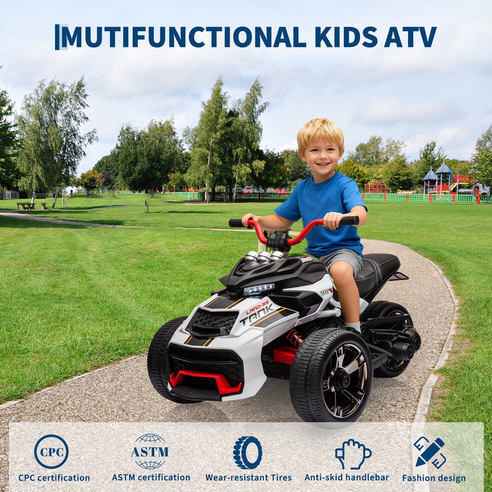 Garvee 12V Kids Ride on Toy for Kids, 2x55W Powerful Engine 7AH Battery, 3 - 7 km/H, 3 Wheelers Electric Vehicle, LED Lights, 2 Speeds, EVA Tire, Music, USB - White