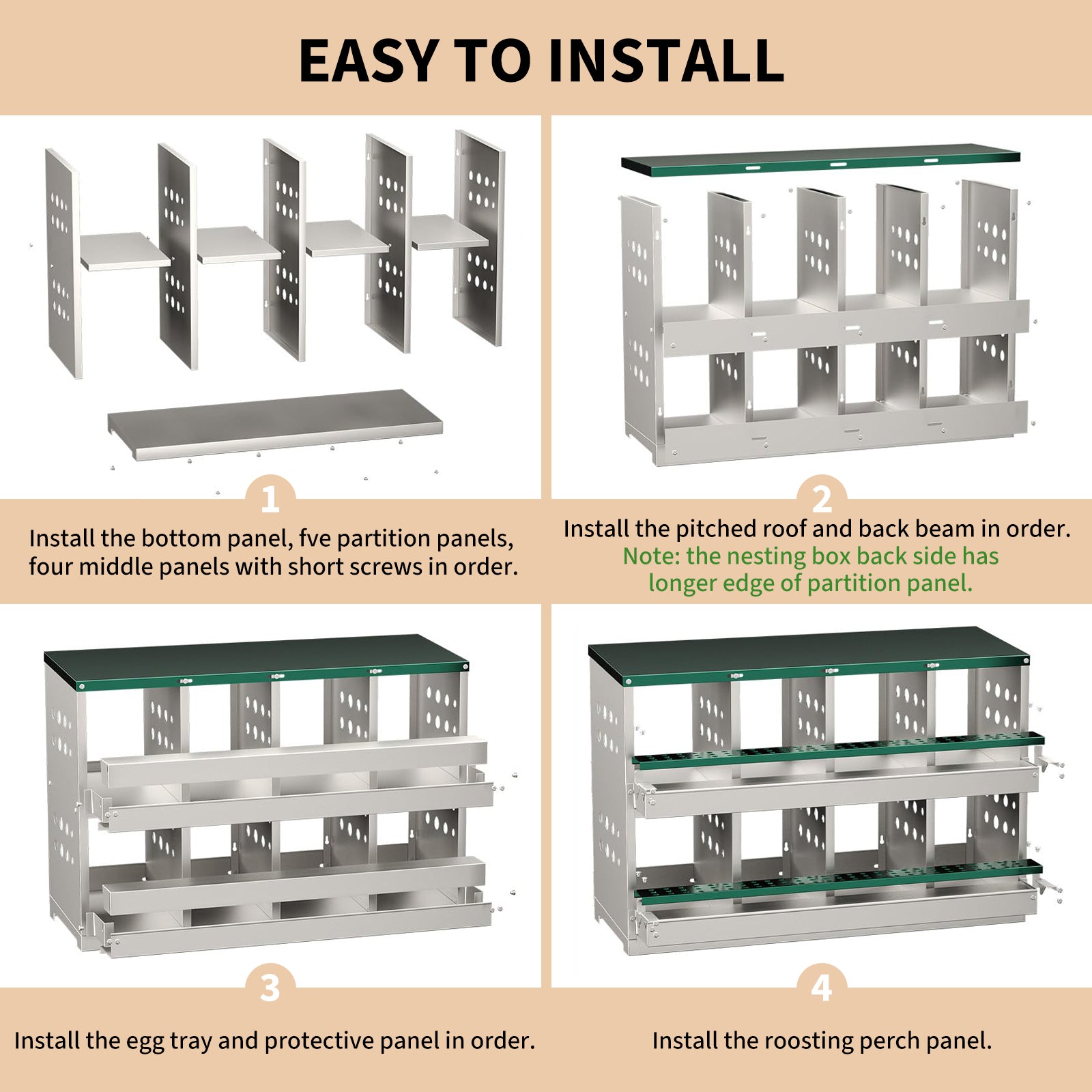 Garvee 8-Compartment Metal Nesting Box – Heavy-Duty Roll Away Egg Design w/Perch & Cover for Poultry Wall/Floor Mount, Green