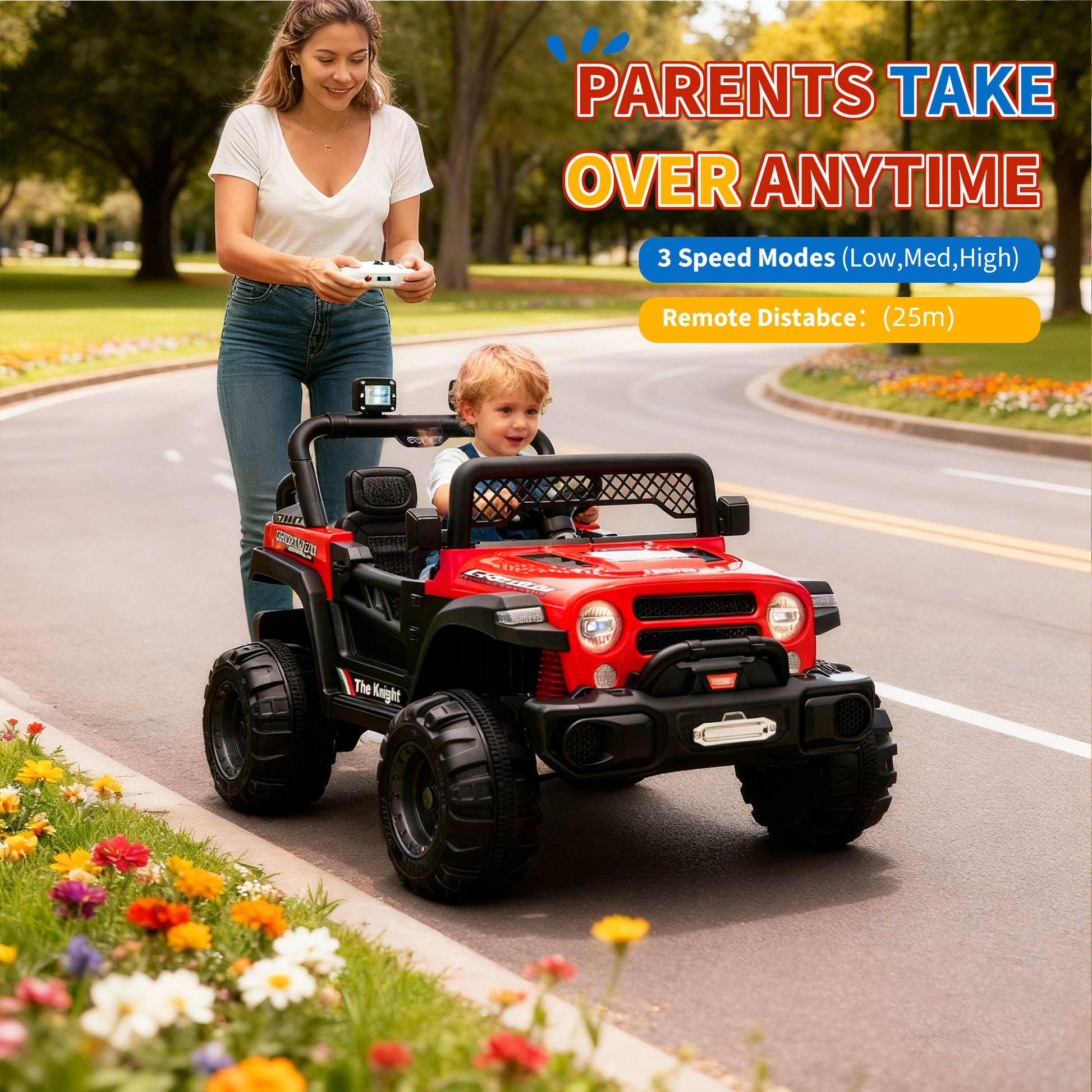 Garvee 12V Kids Electric Ride-On Truck – Dual Motors, 3 Speeds, Remote Control, Spring Suspension, LED Lights, Music, Safety Belt, Off-Road Car, Storage – Battery Powered Toy Vehicle for Boys & Girls Ages 2-8, Red