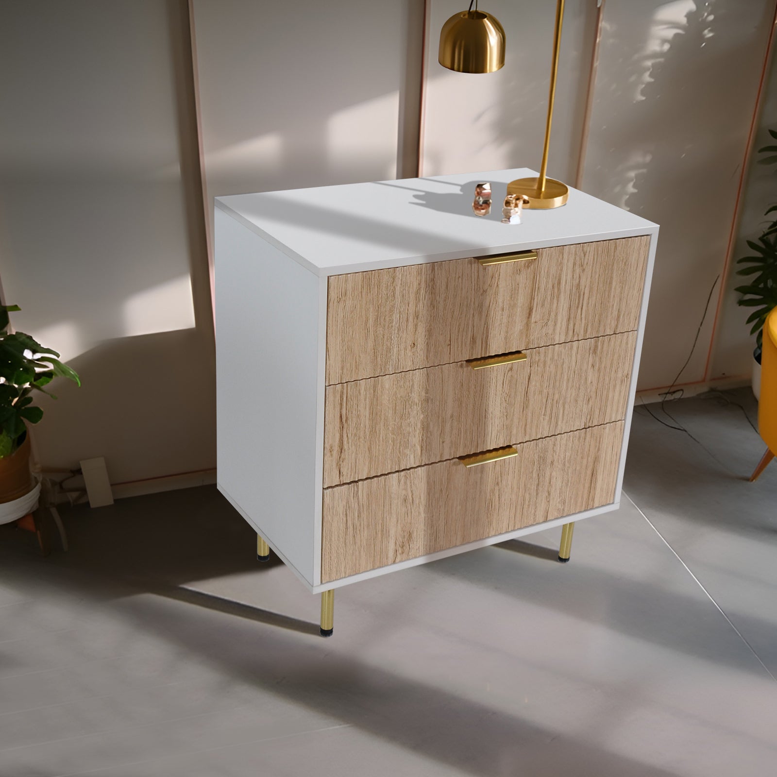 Garvee Fluted Dresser with 3 Drawers, Modern Chest of Drawers with Curved Profile Design, Wood Drawer Organizer for Bedroom, Living Room, Hallway, Natural Oak