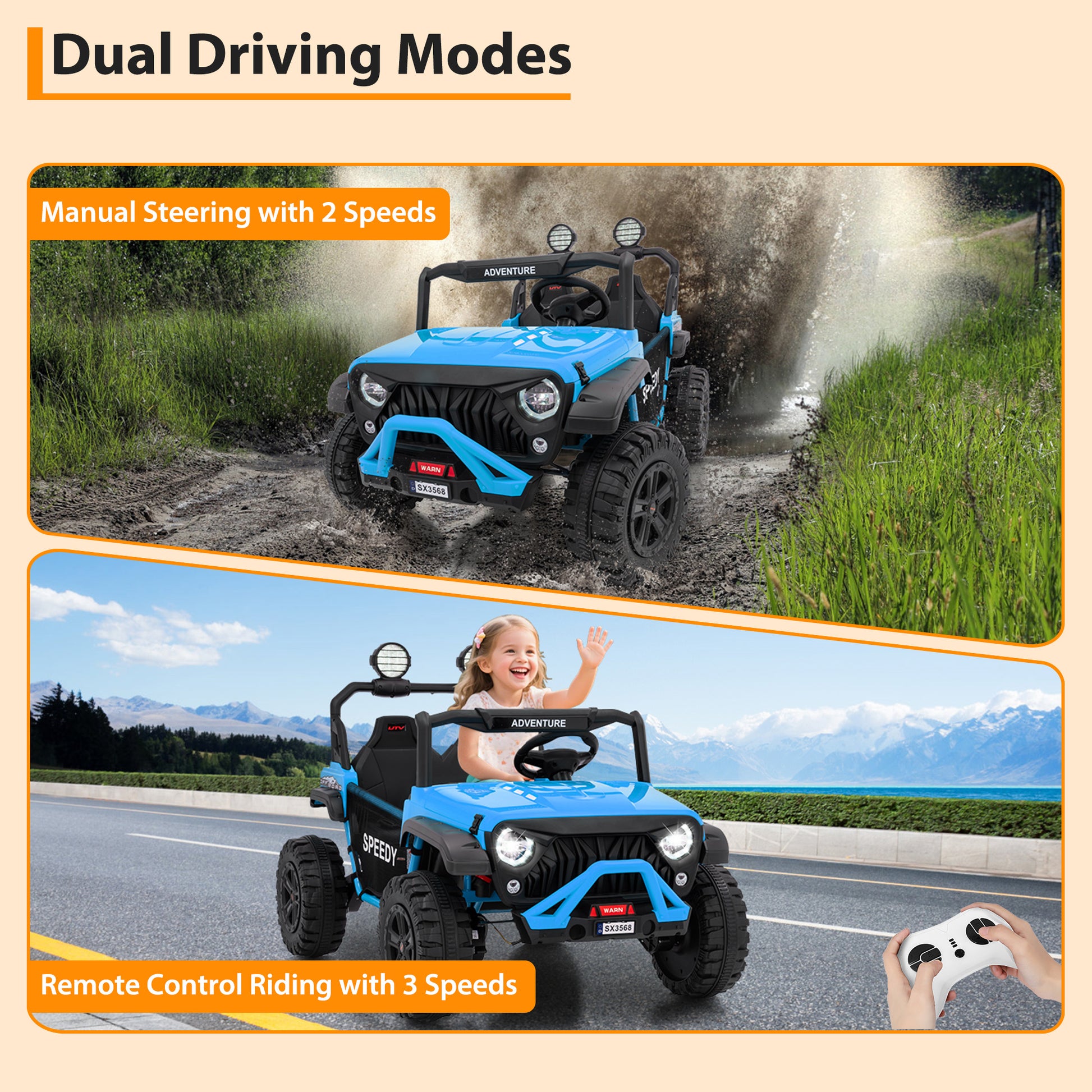 Garvee Ride P Series 24V Kids Toddler Ride On Truck 4WD 3 Speeds Large 7AH Battery EVA Tires Bluetooth MP3 Parent Safety Brake Red Outdoor Play - Blue