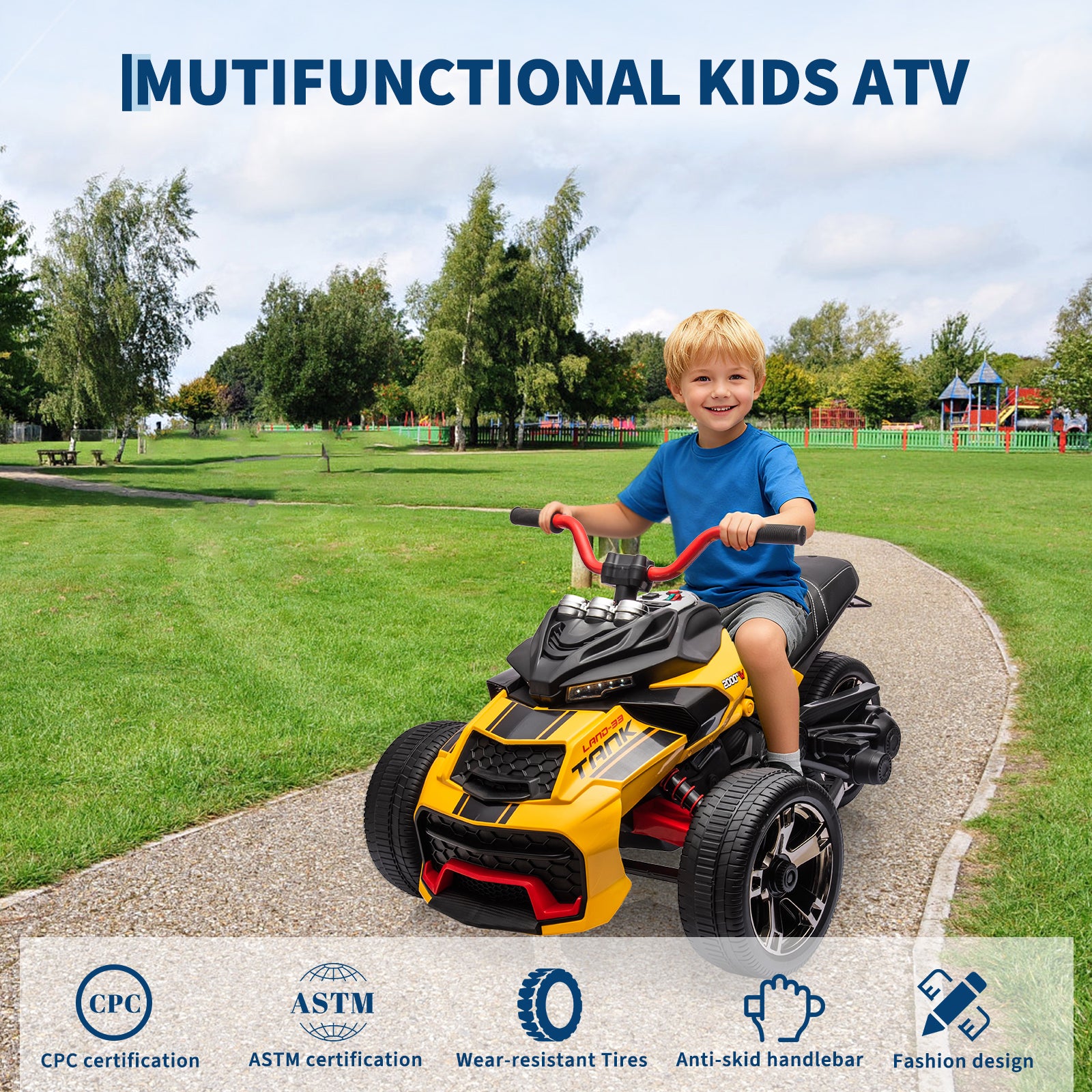 Garvee 12V Kids Ride on Toy for Kids, 2x55W Powerful Engine 7AH Battery, 3 - 7 km/H, 3 Wheelers Electric Vehicle, LED Lights, 2 Speeds, EVA Tire, Music, USB - Yellow