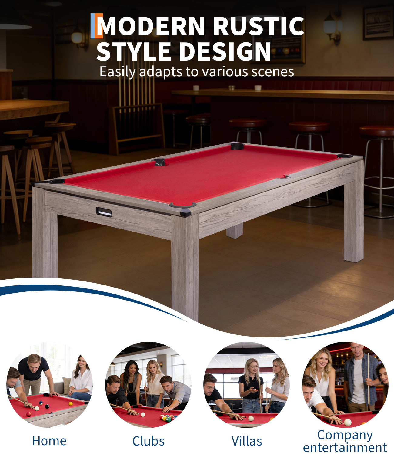Garvee Classic 7 FT Sports Fan Pool Table – 84" Billiard Game Table with Rustic Grey Wood, Red Felt, For Home, Office, Game Room