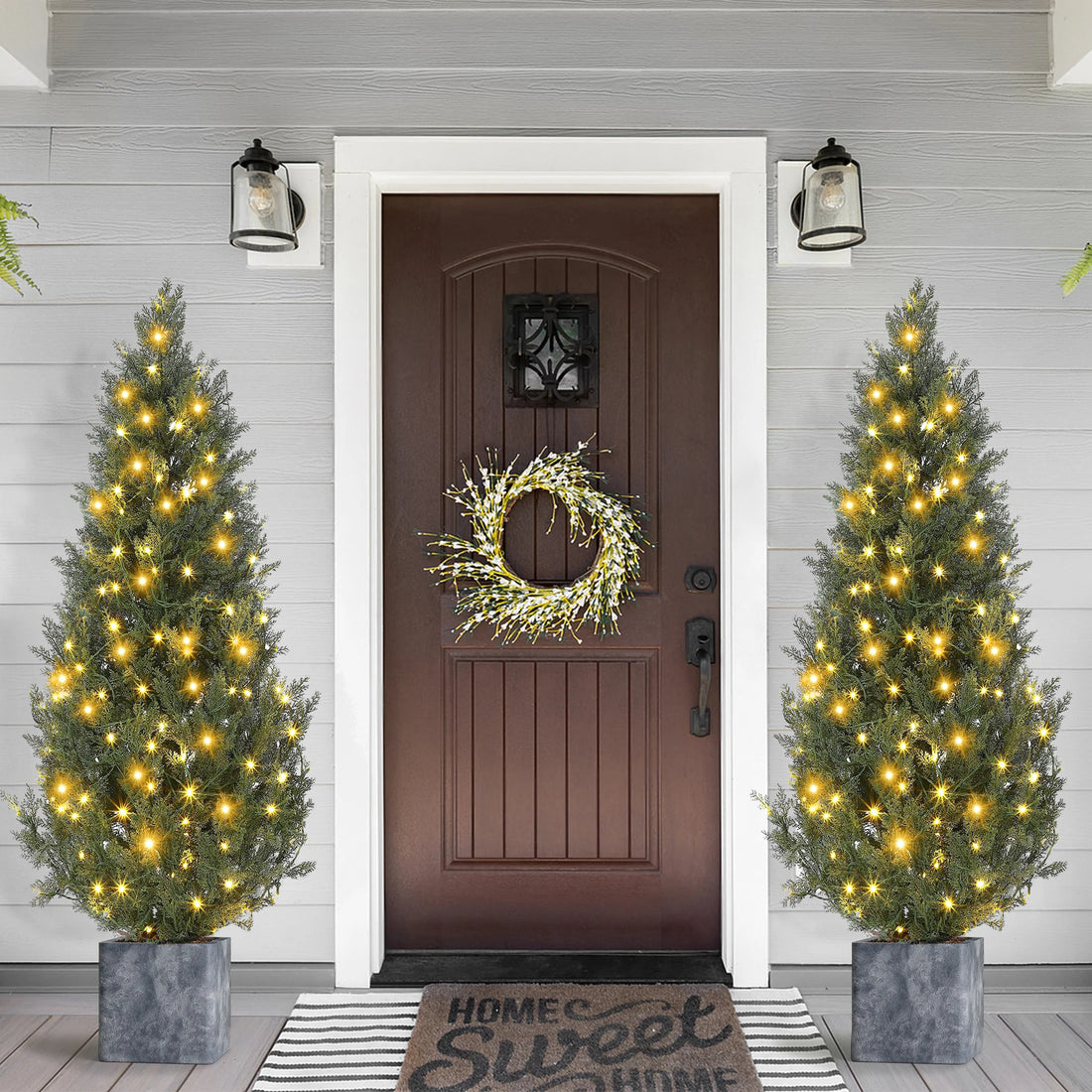 Garvee 5ft Artificial Topiary Cedar Trees with 100 Light / 8 Light Modes, 2 PCS Artificial Plants Outdoor with Realistic Moss & Pot, UV Rated Fake Plants for Front Porch Decor, Living Room