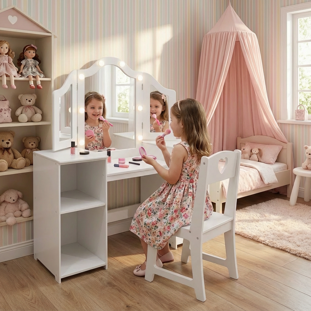 Garvee Kids Vanity Table, Girls 2 in 1 Princess Makeup Desk with Touch Light Detachable Tri-Folding Mirror, Open Storage Shelves, Wood Makeup Playset with Chair, Princess Vanity Table for Little Girls