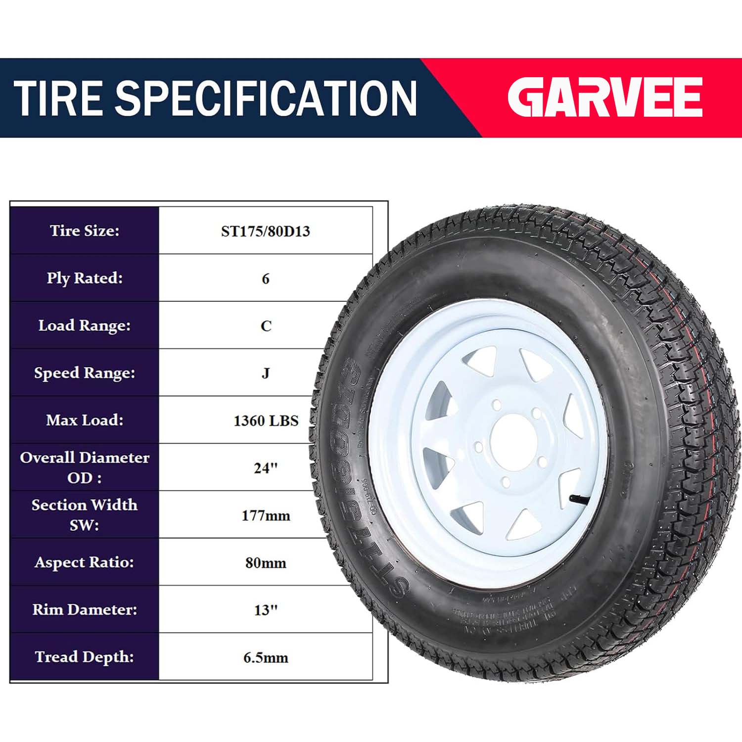 Garvee ST175/80D13 Trailer Tires, 2 Pack, Load Range C 6PLY, 13" White Spoke Rims 5 Lug on 4.5", Max Load 1360 LBS, Durable Bias-Ply All-Season Design for Utility & Boat Trailers