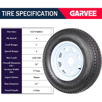 Garvee ST175/80D13 Trailer Tires, 2 Pack, Load Range C 6PLY, 13" White Spoke Rims 5 Lug on 4.5", Max Load 1360 LBS, Durable Bias-Ply All-Season Design for Utility & Boat Trailers