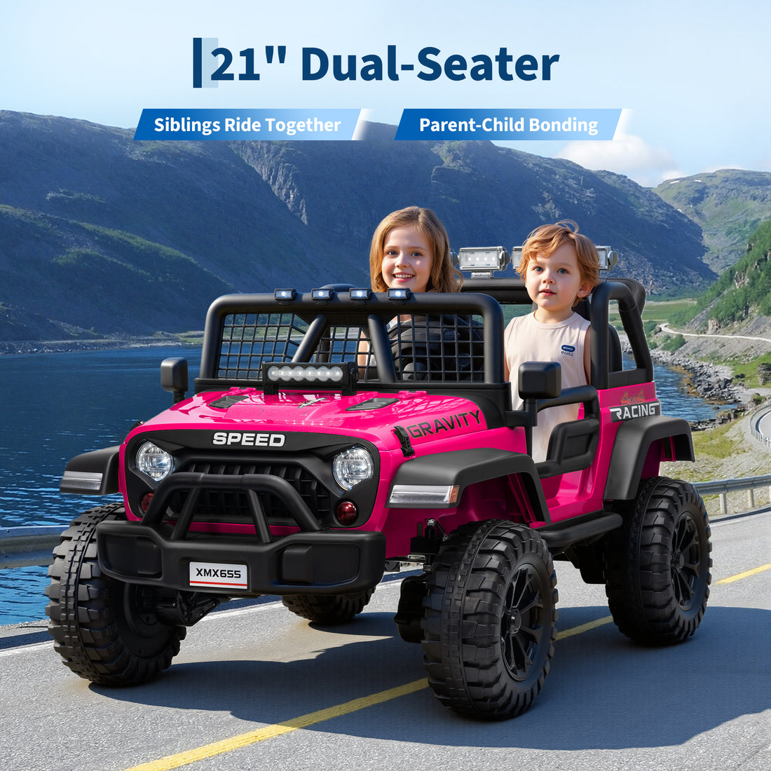 Garvee Ride - P Series: 2 Seater Ride On Car for Kids, 24V Electric Truck with Parent Remote Control, Spring Suspension, 2 Speeds, LED Headlight & Music Player, Kids Electric Vehicle for Aged 3-8 Years