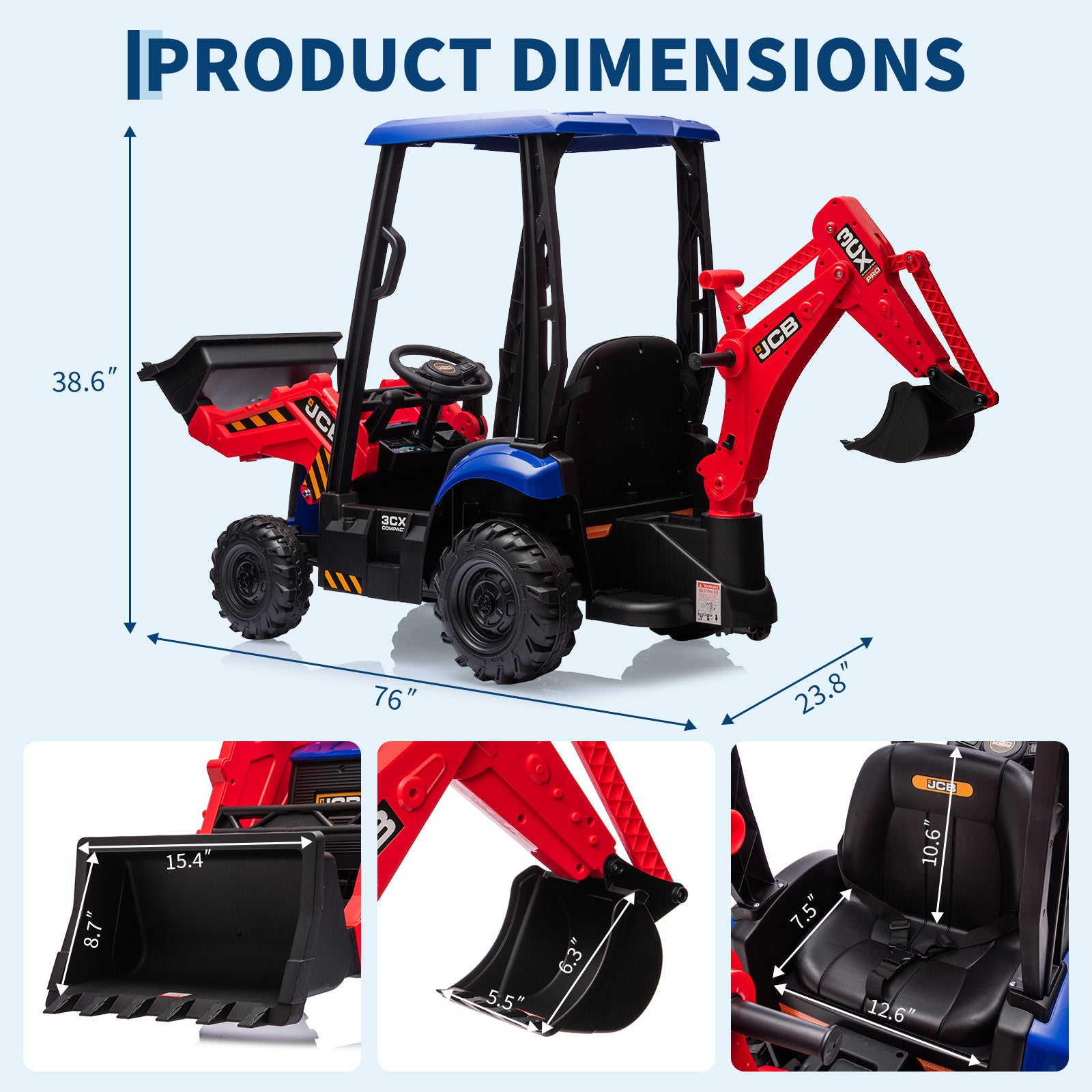 Garvee Ride - P Series: 4-in-1 Ride-On Tractor for Kids: Excavator, Bulldozer, Removable Tent, 12V Battery, Remote Control, Front Loader, Horn, EVA Tires - Red