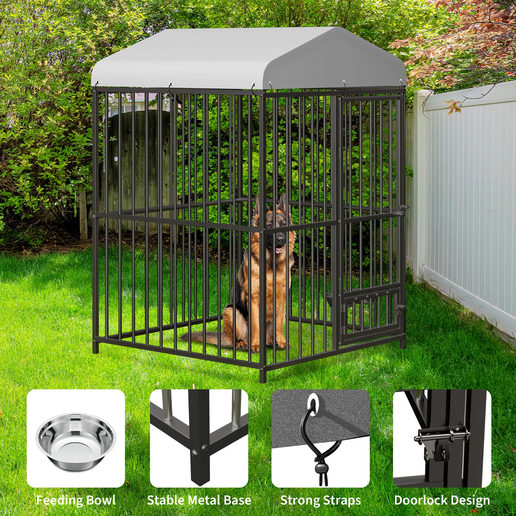 4 × 4 × 6 ft kennel detail callouts showing feeding bowl, metal base connections, roof straps, and locking door