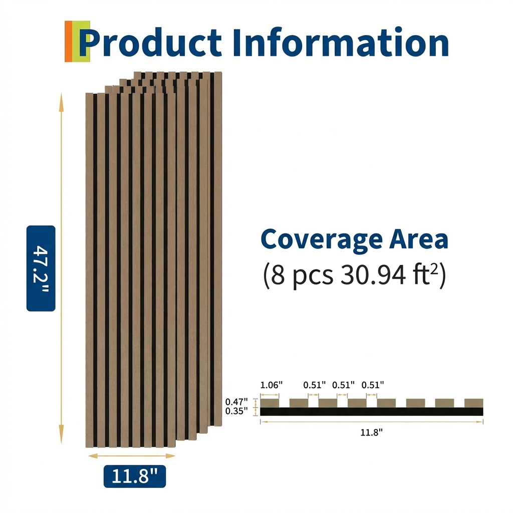 Garvee Set of 8 Modern 3D Fluted Acoustic Wood Slat Wall Panels 47.2" x 11.8" Soundproof Decorative Panels for Home Theater, Office, Studio and Interior Walls, Walnut