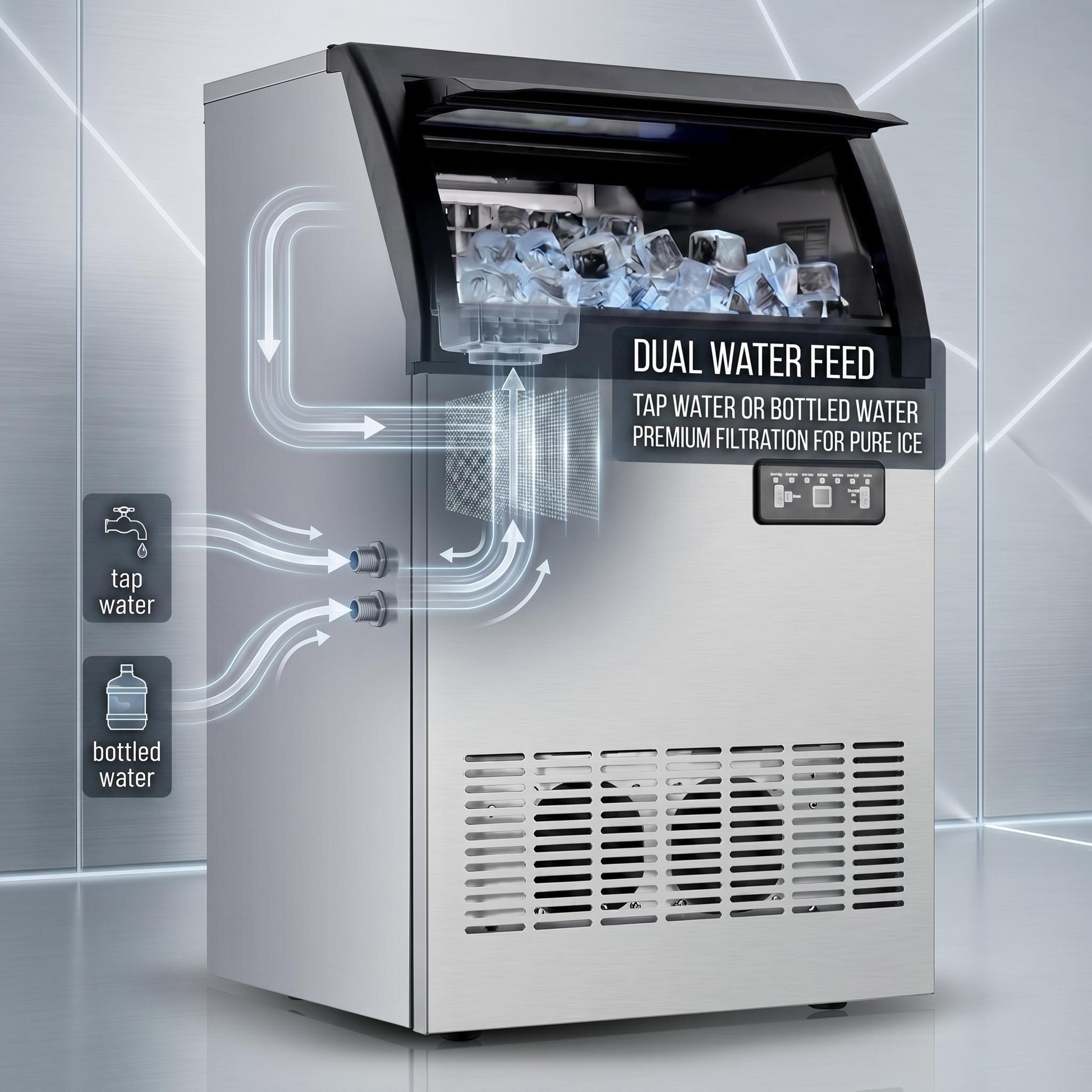 GARVEE Ultra-Quiet 120Lbs Ice Maker with Dual Water Inlet, 33Lbs Storage, perfect for Restaurants,Cafes, Hotels & Events