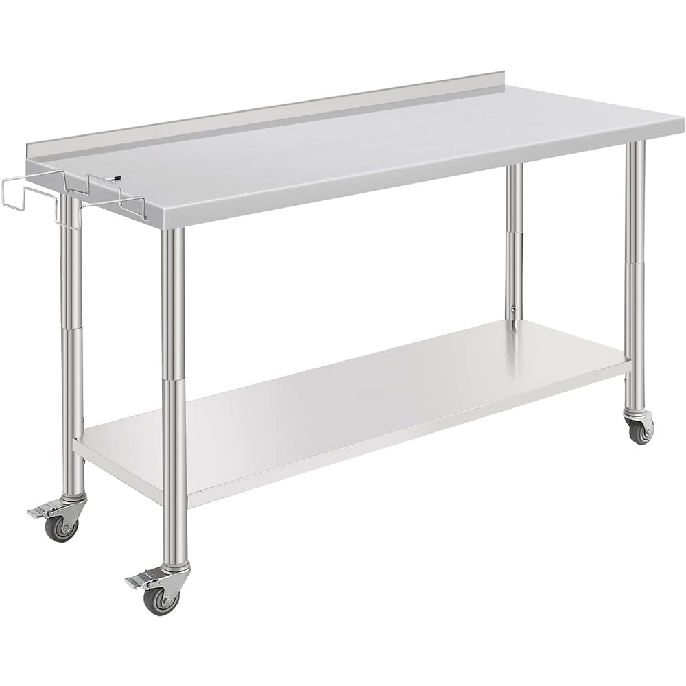 Garvee 60"L x 24"W x 35"H Commercial Work Table, 2-Tier Stainless Steel Workbench with Wheels & Backsplash, Metal Food Prep Table with Removable Trash Rack for Outdoor, Workshop, Home and Hotel