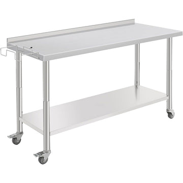Garvee 60"L x 24"W x 35"H Commercial Work Table, 2-Tier Stainless Steel Workbench with Wheels & Backsplash, Metal Food Prep Table with Removable Trash Rack for Outdoor, Workshop, Home and Hotel