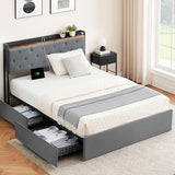 Garvee Full Size Velvet Bed Frame with Storage Drawers, Charging Station, Wooden Slats, No Box Spring Needed, Ideal for Bedrooms - Grey