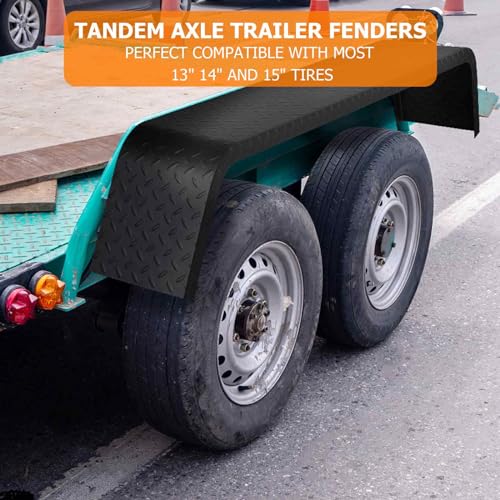 Trailer Fenders,2 Pack Tandem Axle Trailer Fenders Fit 13"-15" Tires,Heavy Duty Steel Diamond Plate Double Axle Trailer Fenders Car Hauler Trailer,Cargo Trailer,Utility Trailer,Landscape Trailer