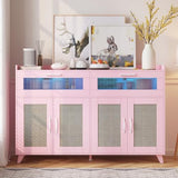 Garvee Sideboard Buffet Cabinet With Power Outlet & LED Light, Kitchen Storage Cabinet With 2 Fluted Acrylic Drawers & 4 Rattan Doors, Coffee Bar Cabinet Wood Buffet Table for Kitchen, Dining Room (Black) - Black