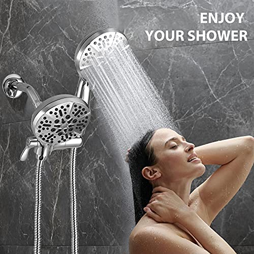 24-Setting High Pressure 3-Way Shower Head Combo, Hand Held Shower & Rain Shower Separately or Together, 5" Dual 2 in 1 Showerhead with Stainless Steel Hose