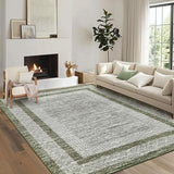 Garvee Bordered Green 10x13 Modern Washable Large Rug – Non-Slip, Non-Shedding Distressed Green Carpet for Living Room, Bedroom, or Office - Green
