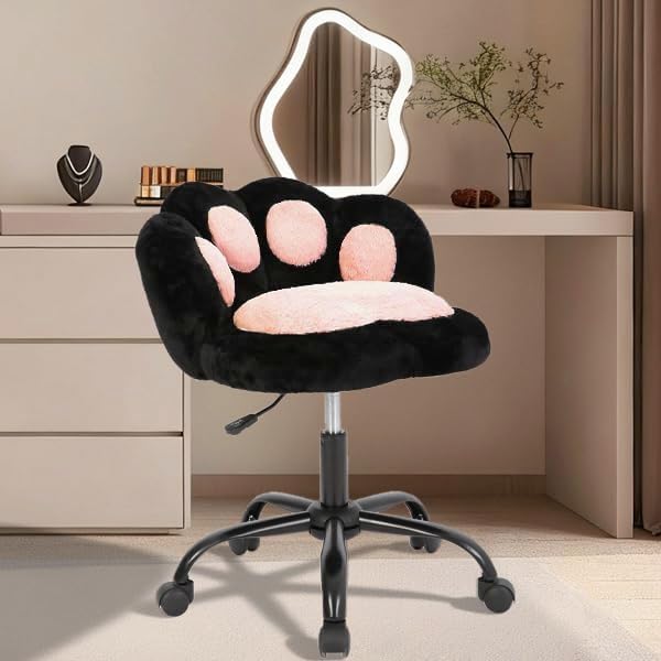 Garvee Vanity Chair with Cat Paw Back, Armless Desk Chair Cute Small Office Chair with Wheels, Teddy Fabric 360°Rotating Computer Chair, Adjustable Height for Vanity, Office, Bedroom, Black