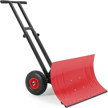 Garvee Wheeled Snow Shovel 29x16.5 Double-Rod Metal Pusher 5-Angle Adjustable T-Handle Rubber Wheels for Driveways Sidewalks