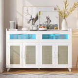 Garvee Sideboard Buffet Cabinet With Power Outlet & LED Light, Kitchen Storage Cabinet With 2 Fluted Acrylic Drawers & 4 Rattan Doors, Coffee Bar Cabinet Wood Buffet Table for Kitchen, Dining Room (White) - White